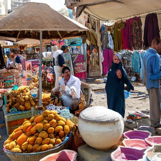 Image similar to an open air market in Egypt, vendors are selling wares, ancient relics, and mysterious trinkets