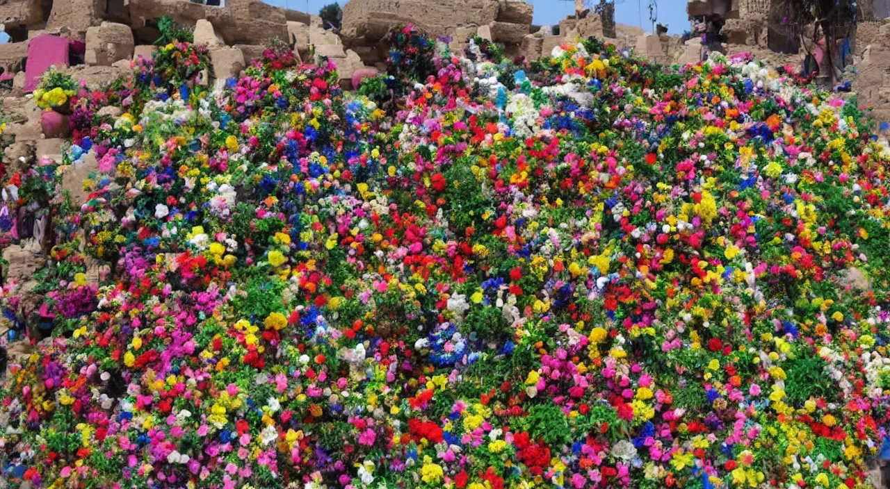 Prompt: egyptian art of a peak made of flowers and rubber