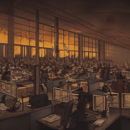 Prompt: a nightmarish office call centre with all the workers on fire. highly detailed. intricate ink and matte painting