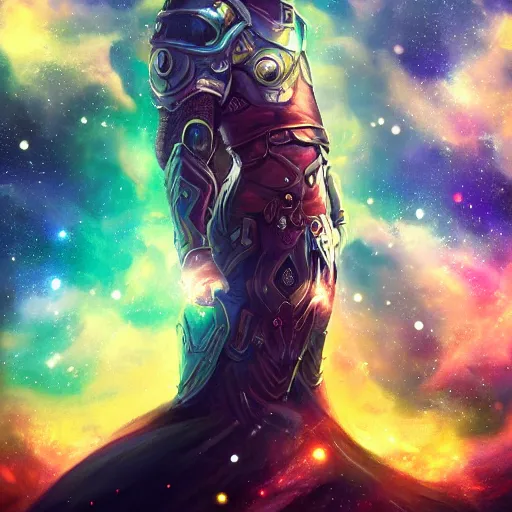 Image similar to photorealistic fantasy cosmic concept art of a cosmic god with armor made out of planets and dark matter, hovering in a unknown galaxy, fully body portrait, cinematic, dynamic lighting, ultra detailed, creative, trending on art station, stunning visuals, creative