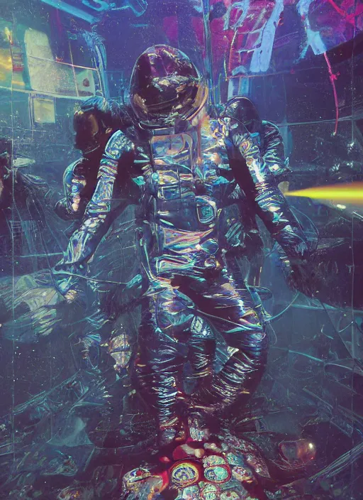 Prompt: astronauts ijumping on the bed underwater - complex and hyperdetailed technical suit. reflection and dispersion materials. rays and dispersion of light. volumetric light. f / 3 2. noise film photo. flash photography. ultra realistic, ultra wide lens. anaglyph materials, poster by wayne barlowe, mike winkelmann, craig mullins. holographic poster