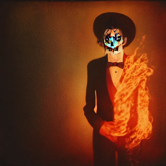 Image similar to kodak portra 4 0 0, wetplate, motion blur, portrait photo of a backdrop, michael jackson skelleton, golden 1 9 2 0 s, coloured in orange fire, sparkling, by georges melies and by britt marling, muted colours
