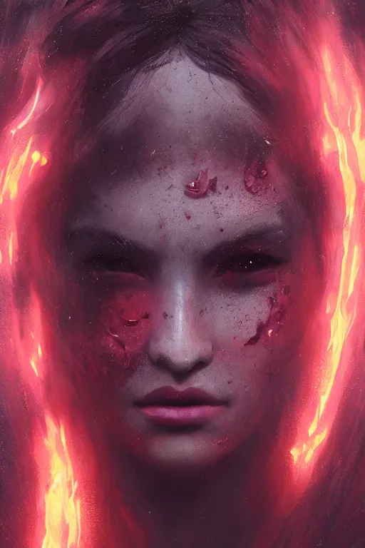 Prompt: a beautiful portrait of a young Demon women covered in deep purple flames by Greg Rutkowski, Sung Choi, Mitchell Mohrhauser, Maciej Kuciara, Johnson Ting, Maxim Verehin, Peter Konig, Bloodborne , 8k photorealistic, cinematic lighting, HD, high details, atmospheric , trending on artstation