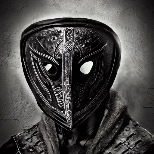Image similar to an ancient warrior in black wearing a metal mask, digital art