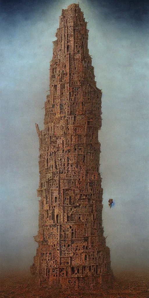 Prompt: tower of babel by tomek setowski, zdzislaw beksinski, surreal oil painting, dream like, highly detailed, symmetry, masterpiece