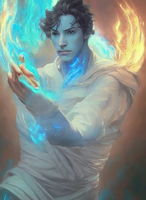 Prompt: character concept portrait of an attractive young smirking Spanish wizard with powder-blue skin conjuring a confusion spell, a floating iridescent spell book in the center, intricate, elegant, digital painting, concept art, smooth, sharp focus, illustration, from Metal Gear, by Ruan Jia and Mandy Jurgens and William-Adolphe Bouguereau, Artgerm