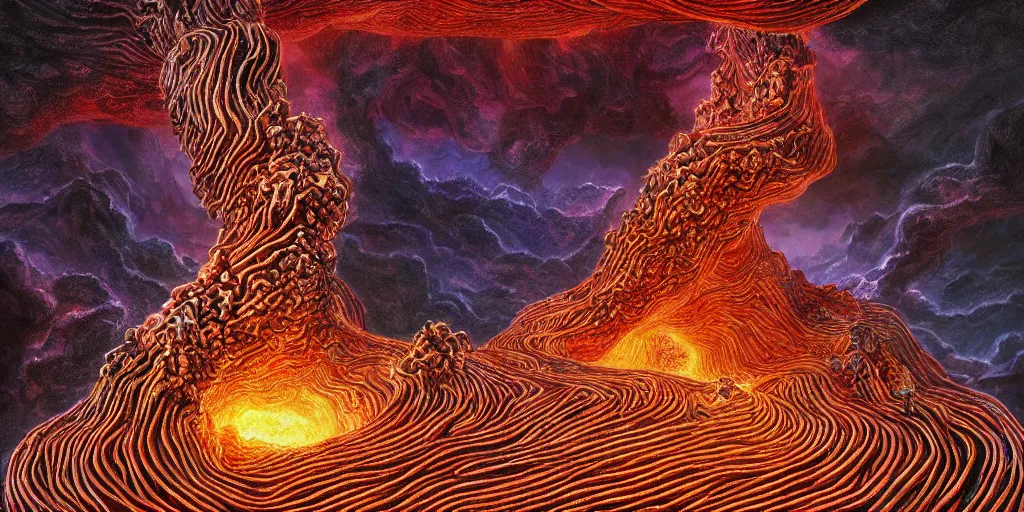 Prompt: deep intricate twisting filigreed communal hive maze of shiny convoluted magma and billowing clouds of smoke, award winning art, epic dreamlike fantasy landscape, art print, science fiction, ultra realistic,