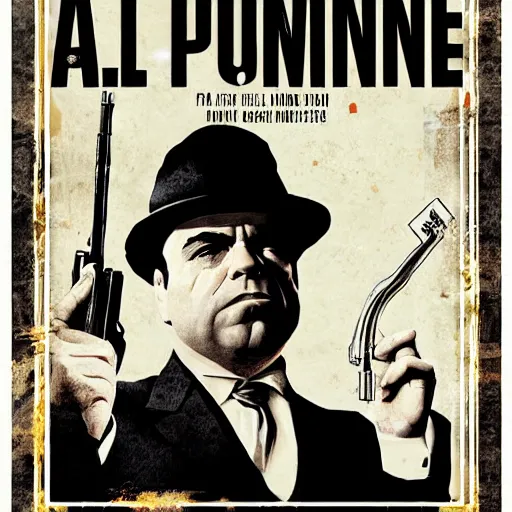 Image similar to a movie poster for a movie about al capone who is played by peter dinklage, based in chicago, gangster, painting, prohibition era, yugioh, photograph, pencil, sketch, text, signature, watermark