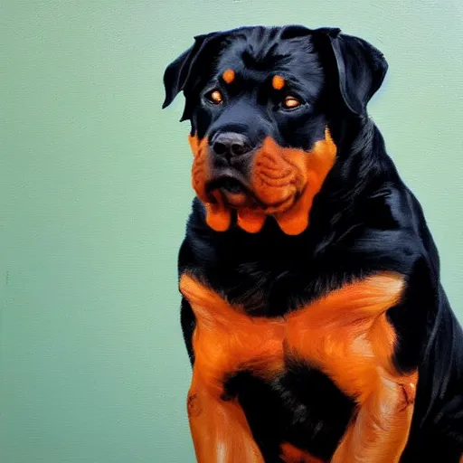 Image similar to sad sitting Rottweiler arms crossed pose, oil painting