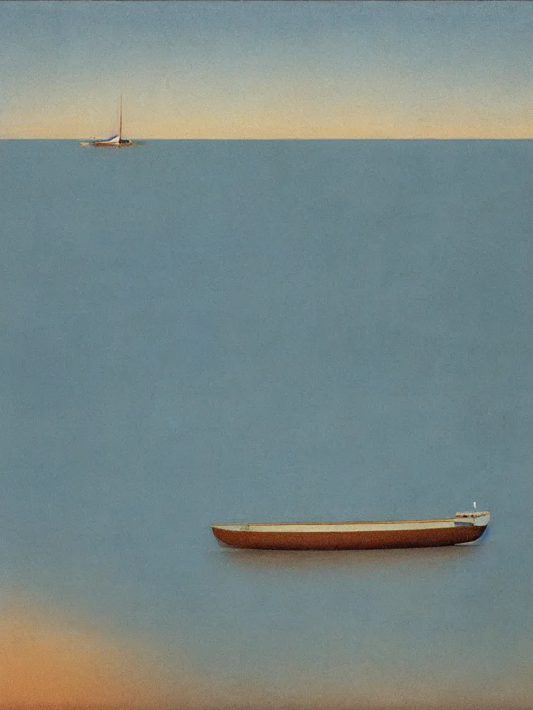 Prompt: a boat in first plan floating on stylized water on bassin d'arcachon a sand dune in background surronded by the sky, australian tonalism, pale gradients design, matte drawing, clean and simple design, outrun color palette. a vintage neo retro poster painted by Morandi, Agnes Pelton