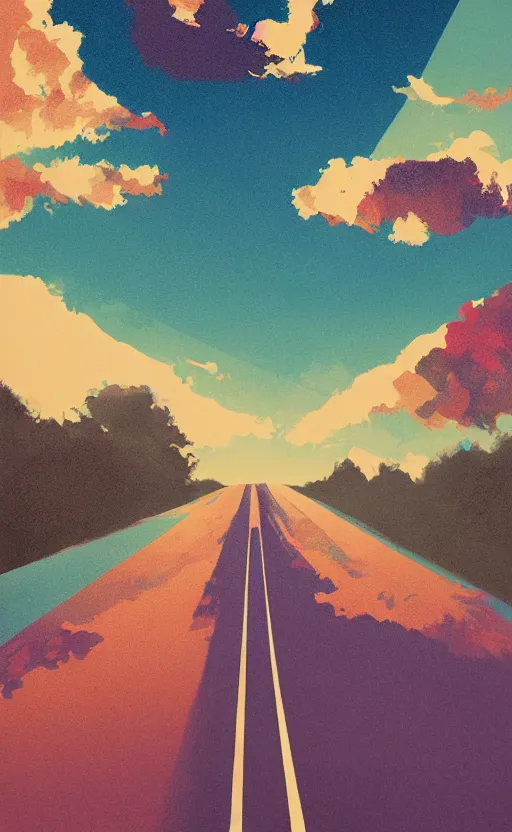 Prompt: textless paperback book cover. screen print. graphic design. pure colors, melting clouds, accurately drawn details, a sunburst above a receding road with the light reflected in furrows and ruts, after rain. photorealistic. octane render. cinematic. trending on artstation. textless.