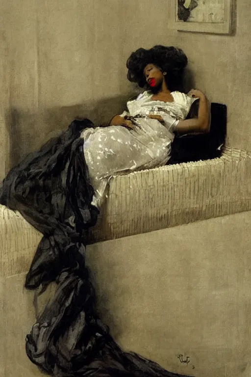 Image similar to black european woman in a gown laying on couch, bloom flowers, modern, eclectic, illustration, by ramon casas