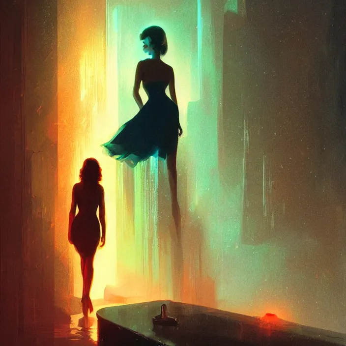 Prompt: lonely lady, portrait, concept art, digital painting, noir, backlit, flare, neon lights, atmospheric, by bruce pennington, by corbusier