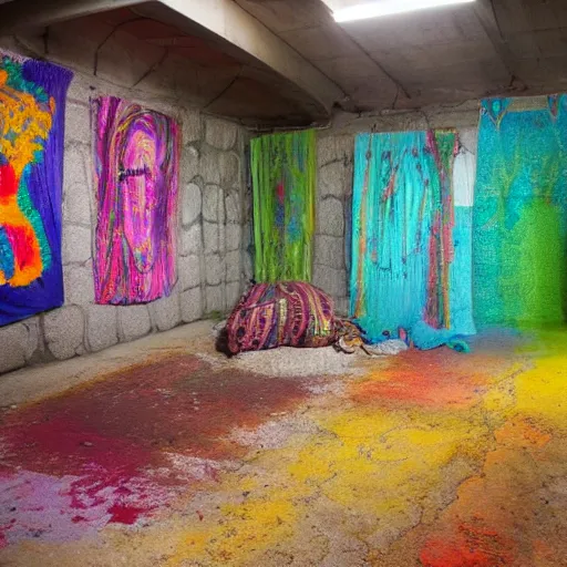 Prompt: underground prison, concrete, colorful tapestries, rugs, people wearing colorful robes