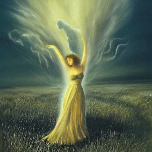 Image similar to The painting depicts a woman standing in a field of ashes, her dress billowing in the wind. Her hair is wild and her eyes are closed, and she seems to be in a trance-like state. The painting is dark and atmospheric, and the ashes in the field seem to be almost alive, swirling around. high-key lighting by Ken Kelly