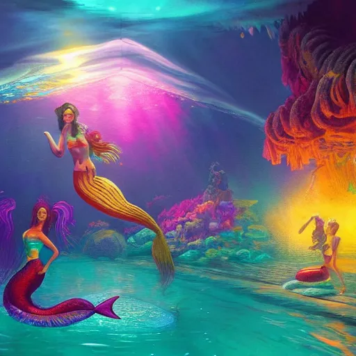 Prompt: a beautiful vivid colorful matte painting of mermaids dancing at an underwater discotheque by Grzegorz greg rutkowski and Tyler Edlin, with a disco ball, under the sea, ocean details, trending on ArtStation hq