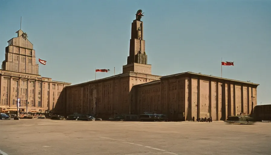 Image similar to 60s movie still of a sovietic museum stalinist style, cinestill 800t 10mm eastmancolor, liminal Space style, heavy grain, heavy artefact, high quality, high details, panoramic