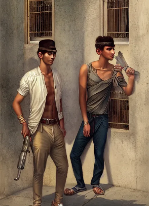 Image similar to portrait of a handsome young cuban buddies in old havana, by tom bagshaw and manuel sanjulian and greg rutkowski