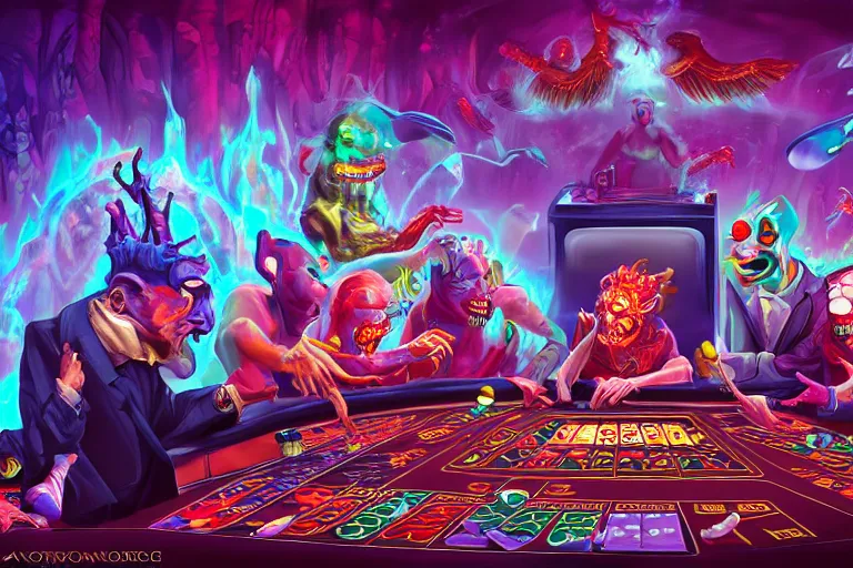 Image similar to interdimensional demons gambling over the wages of human souls in an afterlife casino, digital artwork, trending on artstation