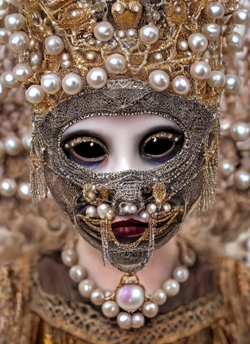 Image similar to hyperrealism, detailed textures, award winning autochrome photo, symetrical japanese pearl, beautiful dreaming voodoo pearl queen, autochrome pearl portrait, pearl silverplate, intricate, detailed facial pearl scary animal mask, pearl, golden jewelery, silverplate, ultra realistic, cinematic, intricate, cinematic light by steve mccurry, unreal engine 8 k