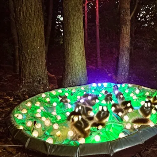 Image similar to raccoons in a ball pit in a forest at night with fairy lights