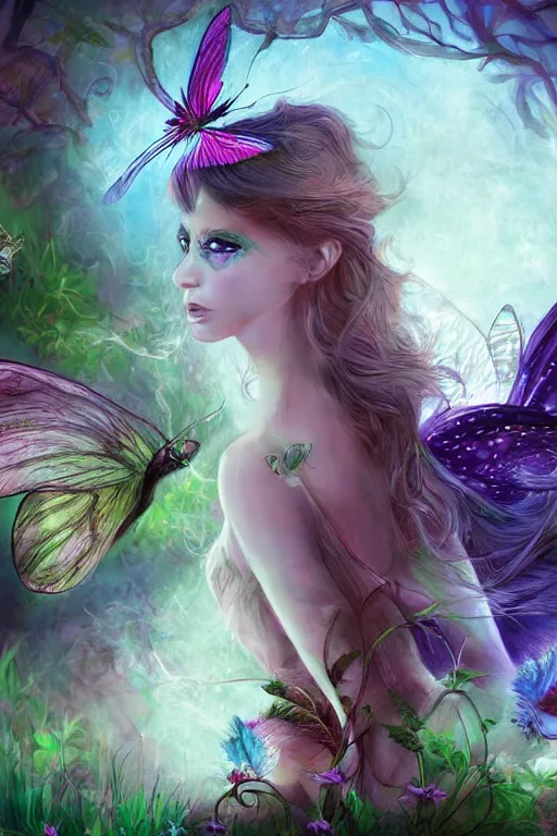 Prompt: wonderland dreamscape faeries lady feather wing digital art painting fantasy bloom snyder zack and swanland raymond and pennington bruce illustration character design concept atmospheric lighting butterfly