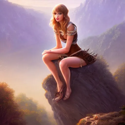 Prompt: alluring illustration taylor swift, sitting on the edge of a cliff overlooking a forested valley, clothed in a chesty fantasy outfit, portrait, 8k resolution matte fantasy painting, cinematic lighting, DeviantArt, Artstation, Jason Felix Steve Argyle Tyler Jacobson Peter Mohrbacher