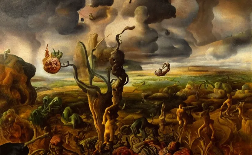 Image similar to very detailed colorful strange disturbing dutch golden age surrealistic landscape with very small humanoid strange figures in the distance with large looming biomorphic figures looming inthe foreground, cast shadows, chiaroscuro, painted by dali and rachel ruysch, timeless disturbing masterpiece perfect composition