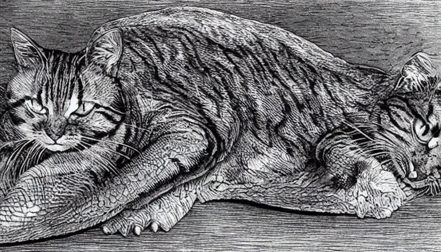 Image similar to bernie wrightson tabby cat morphed with alligator skin swimming pool veterinary diagram optical illusion