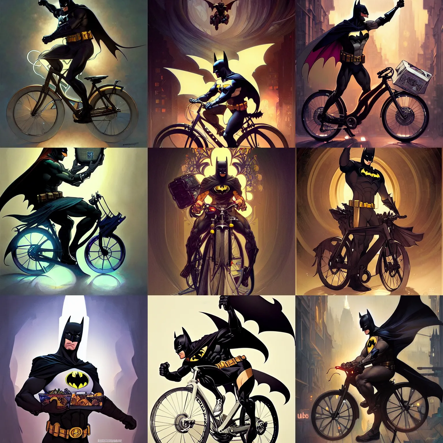 Prompt: digital character concept art by artgerm and greg rutkowski and alphonse mucha. batman as uber food delivery on bicycle, beautiful, holding a stuff, detailed, poster art, light effect, glowing, hyper detail, intricate, elegant, digital painting, artstation, smooth, sharp focus
