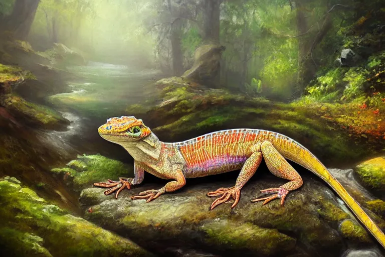 Image similar to highly detailed oil painting of a crytal lizard sitting in a steaming colorful hotspring with woodland forest backdrop, featured on artstation