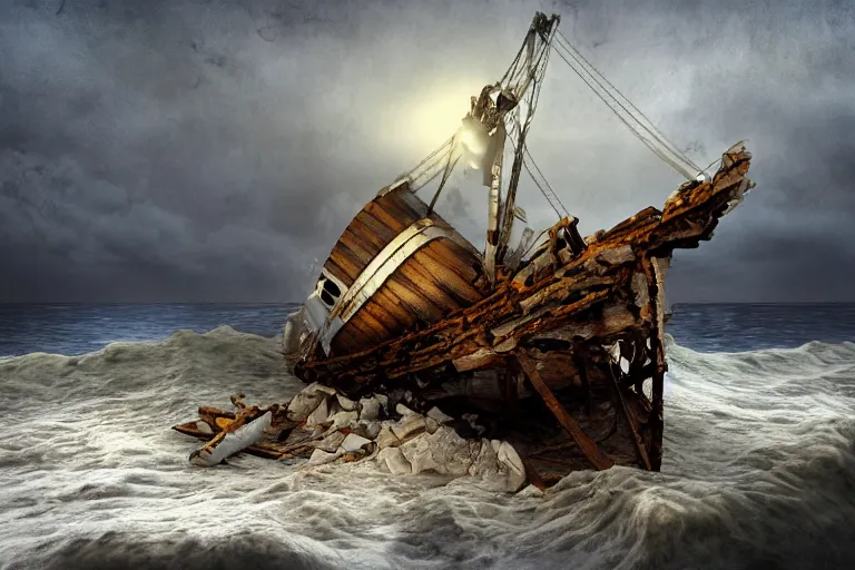 Image similar to pirate ship wreckage beached, in a storm, in the style of vernon grant and chris van allsburg, trending on artstation, bright tilt - shift camcorder effect, photoshop, retrowave, hyperrealism,