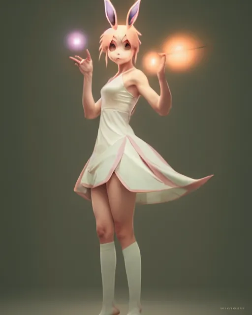 Image similar to photo of eevee pokemon humanisation, fully dresse, film still, dslr, by greg rutkowski, ross tran, artgerm, wlop glossy skin, pearlescent, very coherent, cute