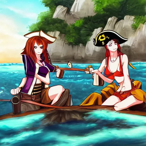 Image similar to two beautiful female pirate captains in a stand off from their boats, detailed anime art