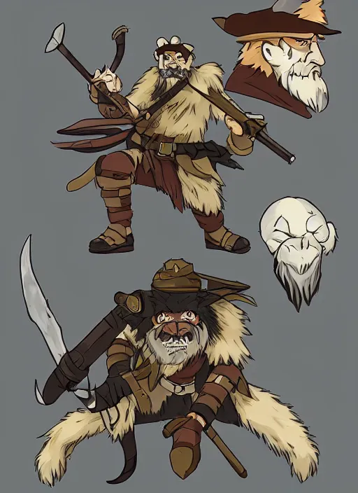 Image similar to bugbear ranger, black beard, dungeons and dragons, hunters gear, flames, character design on white background, by studio ghibli, makoto shinkai