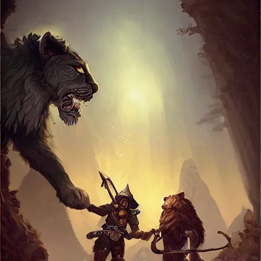 Prompt: An Black 1920's explorer holding a lion cub in his hands in World of Warcraft, cover art, ultra wide lens shot, pretty, beautiful, DnD character art portrait, matte fantasy painting, DeviantArt Artstation, by Jason Felix by Steve Argyle by Tyler Jacobson by Peter Mohrbacher, cinematic lighting