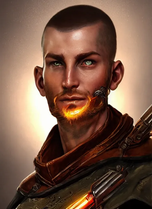 Prompt: buzzcut hair stubble male gunslinger shooter, dndbeyond, bright, realistic, dnd character portrait, full body, art by ralph horsley, dnd, rpg, lotr game design fanart by concept art, behance hd, artstation, deviantart, global illumination radiating a glowing aura global illumination ray tracing hdr render in unreal engine 5