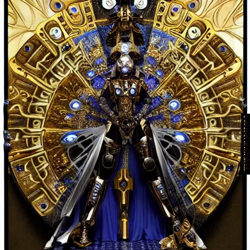 Image similar to wh 4 0 k haute couture scale armour paladin editorial by klimt, biomechanical hornet with metal couture wings by malczewski, ornate wh 4 0 k chaos lord in gold, bismuth and obsidian by giger, on cosmic background by alphonse mucha