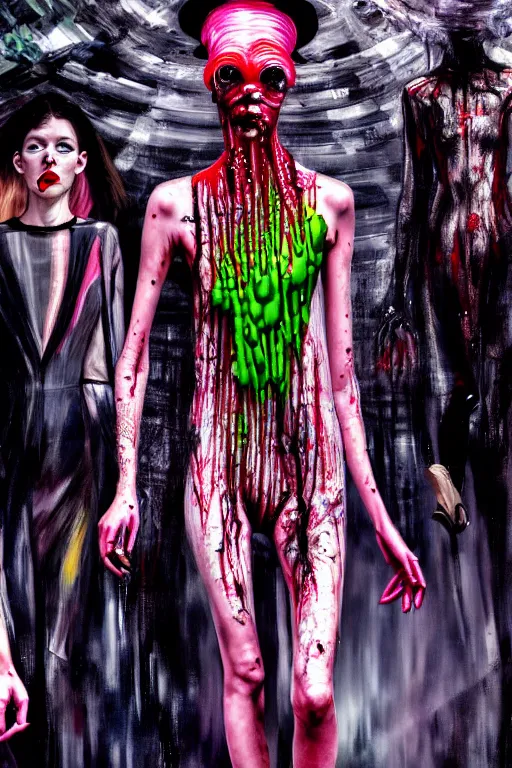 Image similar to crazy fashion catwalk, one model, crazy clothes, biopunk style, horror, clothes look like slime, hauntingly surreal, highly detailed painting by francis bacon, edward hopper, adrian ghenie, gerhard richter, and james jean soft light 4 k,