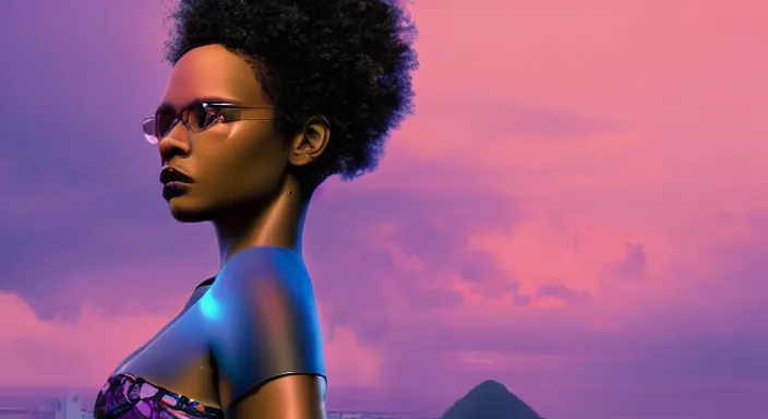 Image similar to portrait of beautiful cyberpunk black woman with afro hair, rio de janeiro!! pao de acucar!! corcovado ipanema on the background, blue and purple digital art trending on artstation, beeple, soft lighting, bokeh