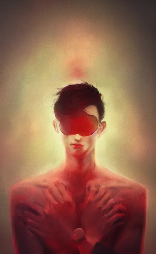 Image similar to an elegant portrait of a man with with emptiness in his heart, deep rich colors, 4 k, award winning, blur, minimalistic, neon, surrealism, unreal engine 5, high detail, ryan jia, frank frazetta, john alvin, gatson bussiere, kutsuya terada,