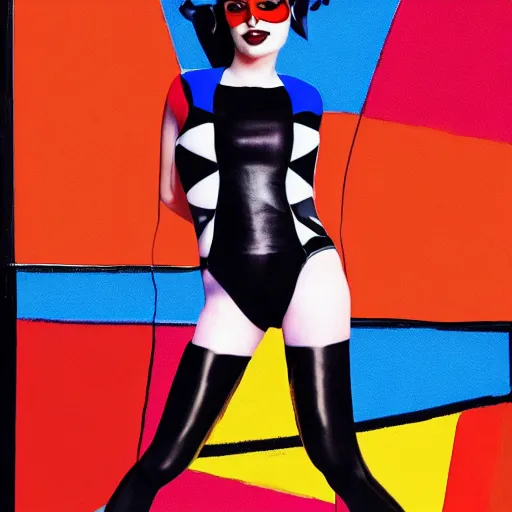 Image similar to lorde as harley quinn, dressed up in piet mondrian inspired bodysuit, official portrait, photo realistic, 4 k