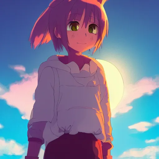 Prompt: Friendly girl and small creature, sunset sky, made by Studio Ghibli, front lit, highly detailed art, beautiful scene, sharp focus, smooth, 8k, pixiv, edgy, anime art