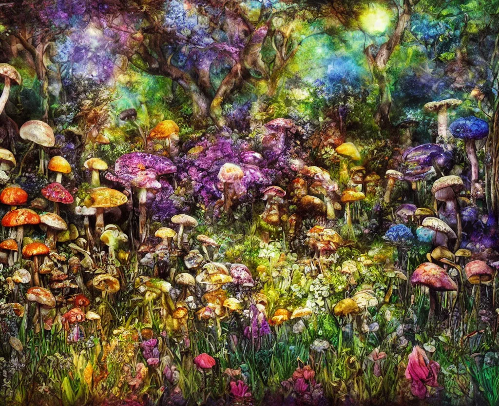 Image similar to fantastic mushrooms and big flowers in the magic forest, photorealistic, by affandi, high light, epic lighting, glow, high detailed, 4 k resolution