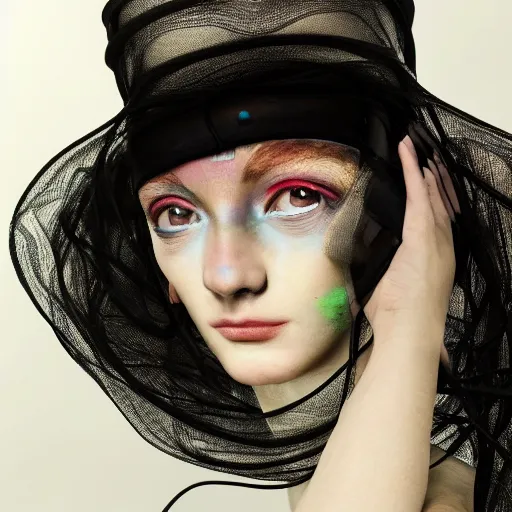Prompt: a beautiful futuristic portrait with hat made by wires and white gauze twisted around her face, necklace made by wires and black pearl, design by leonardo davinci, inspired by egon schiele, modern art, baroque art, jewelry designer, new classic, hyper realistic, highly detailed, cinematic composition, cinematic lighting, fashion design, concept art, hdri, 4 k -