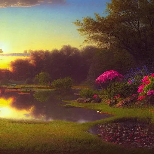 Image similar to a painting of a duck pond at sunset, surrounded by flower bushes, a detailed matte painting by Michael James Smith, deviantart, hudson river school, terragen, trending on artstation