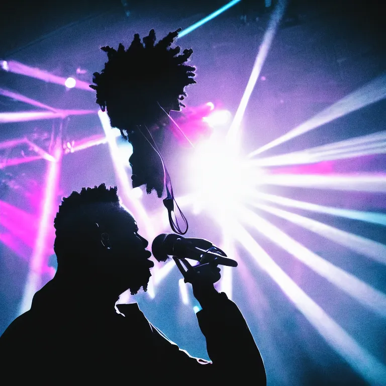 Image similar to rapper holding microphone to mouth, epic angle, profile view, silhouetted, distinct, psychedelic hip-hop, laser light show, beams of light