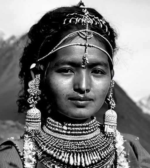 Image similar to vintage_portrait_photo_of_a_beautiful_nepalese_maiden with jewellery in the himalayan mountains