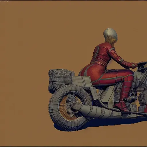 Image similar to a woman in the sky riding a motorcycle by jean giraud and milo manara, 3 d render, octane render