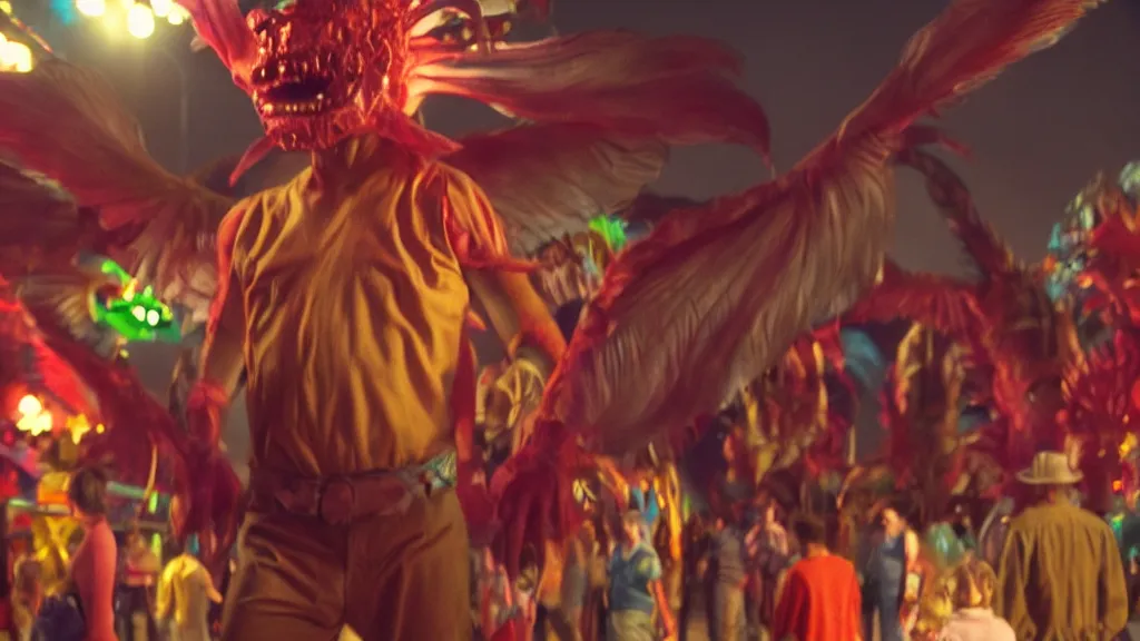 Image similar to the forbidden creature at the carnival, , film still from the movie directed by Denis Villeneuve with art direction by Jack Kirby, wide lens